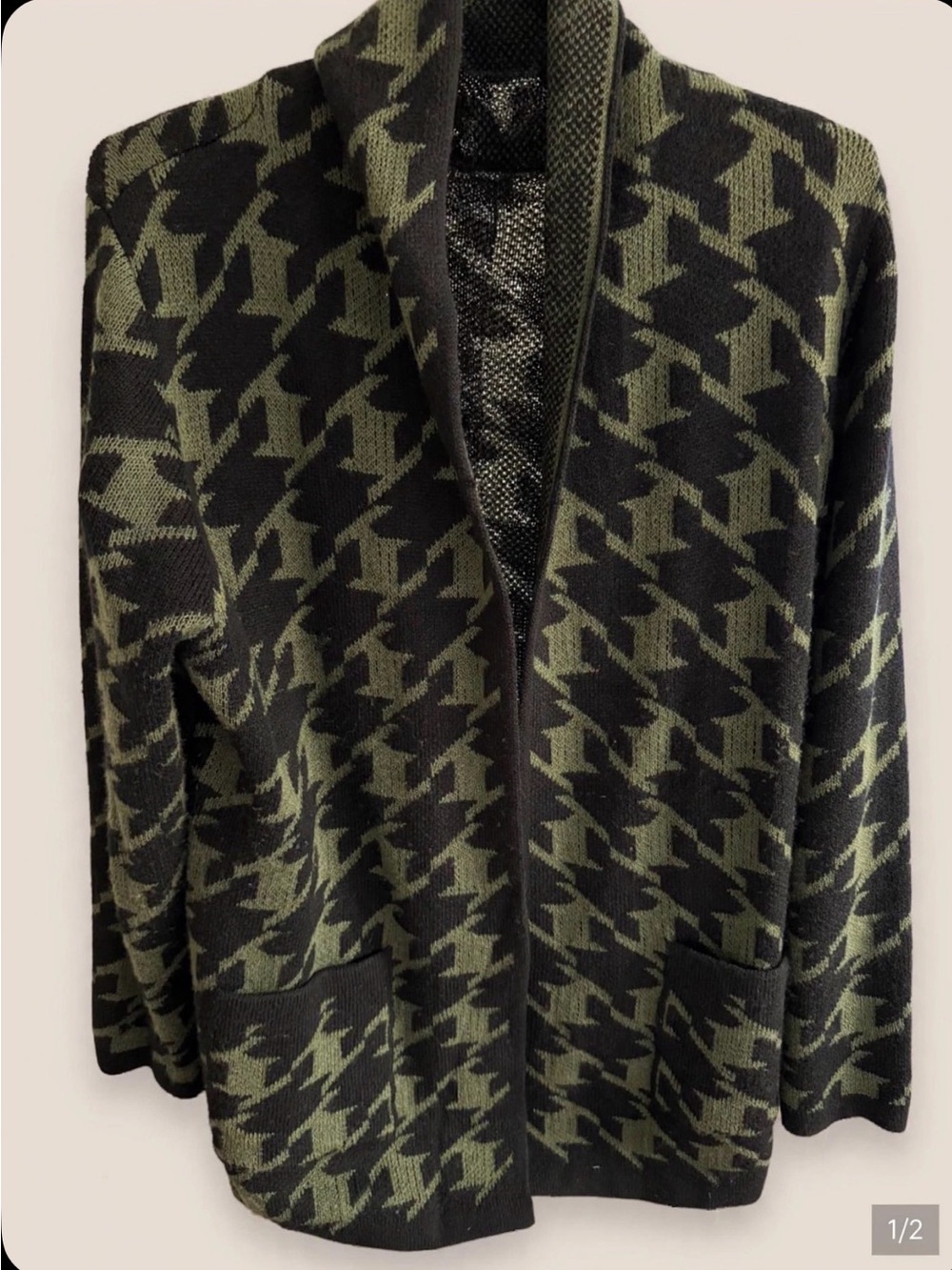 kathy ireland Olive Green and Black Houndstooth Open Cardigan